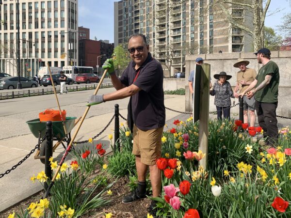 Volunteer Octavio Molina wields his rake in Cadman Plaza Park. Photo: Mary Frost/Brooklyn Eagle