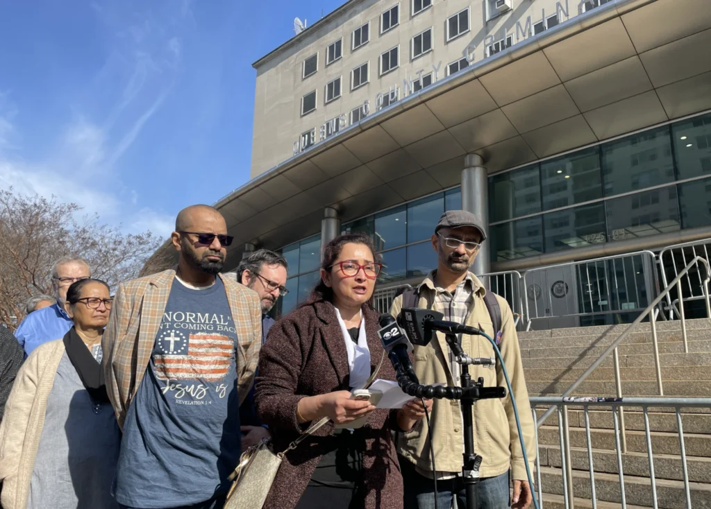 Jabez Chakraborty’s family outside of Queens Criminal Court. The case against the 23-year-old Briarwood man will continue after a judge rejected a motion to dismiss the charges on Wednesday, April 1. Photo: Jacob Kaye/Eagle Urban Media
