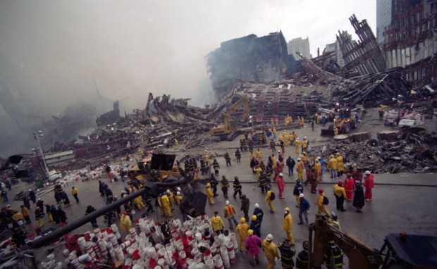 Workers and first responders continue recovery operations at the World Trade Center site on September 14, 2001. (Todd Maisel / New York Daily News)