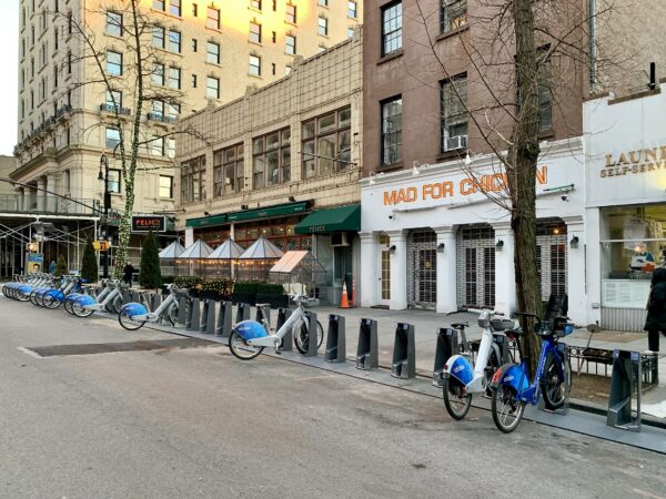 Bike docks where there were once parking spaces, on Montague Street in Brooklyn Heights. Photo: Mary Frost/Brooklyn Eagle