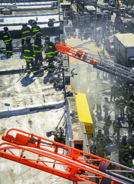 A three-alarm fire broke out at 5311 Fort Hamilton Parkway at 1:45 p.m. on Sunday, Apr 12, 2026. The fire was confined to a clothing store that was packed to the ceiling with boxes of merchandise. A person was arrested by Fire Marshals near the scene a short time later on suspicion of arson.