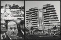 Damac Properties' Hussain Sajwani with Surfside collapse site and rendering of The Delmore