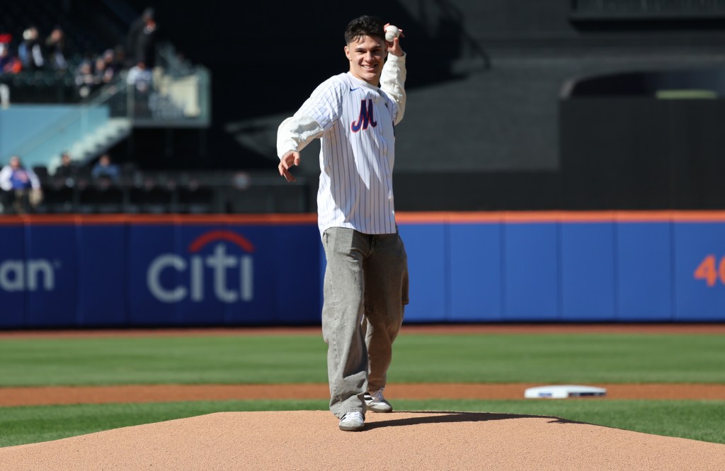 St. John's guard Dylan Darling is all smiles as he throws out the first pitch of the Mets-Diamondbacks game on April 8, 2026 at Citi Field. 