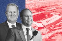 Mayor Jeff Cheney and FC Dallas' Dan Hunt with rendering of Toyota Stadium