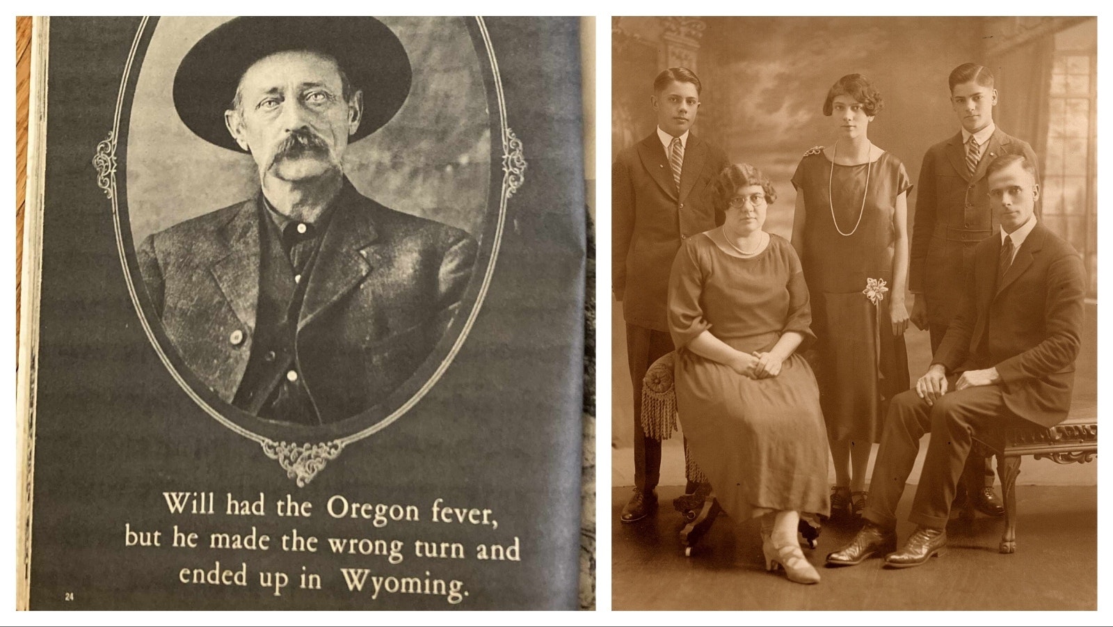 Left, despite losing touch with their relatives in Wyoming, the Whaley family in New York was aware of its Wyoming history because of an article written in the December 1970 True Frontier magazine. Right, Clifford “Cliff” Whaley (far right) was raised in Shell, Wyoming on the family homestead. In the early 1900s, he was sent to school in Niagara Falls, New York with his younger brother, Thomas. While Thomas returned to Wyoming with his New York bride, Cliff ended up living in New York permanently where his descendants remain.