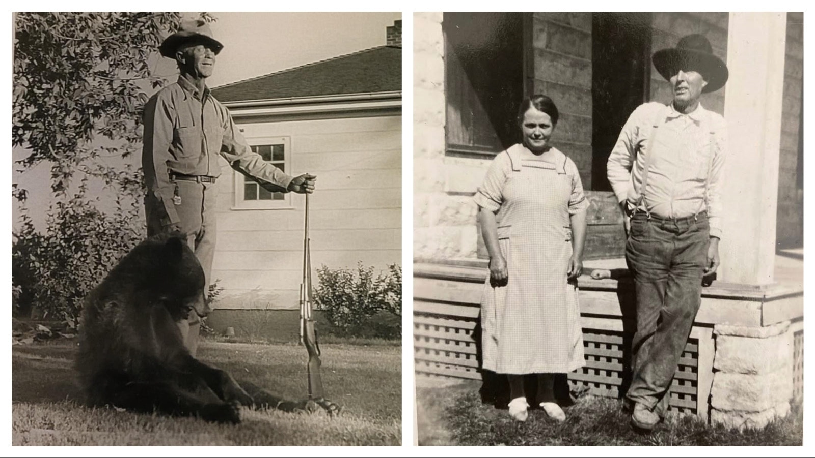 Left, Tom Whaley is pictured with a brown bear he shot near Shell, Wyoming. The bear rug was then given to his young nephew, Ernie Whaley, who grew up in New York, only dimly aware of his relatives in Wyoming and not sure of the history of the rug. Right, the photo Will Whaley posted an old family photo of unknown relatives in Shell, Wyoming on the “10 Things I Remember About Greybull” Facebook page.