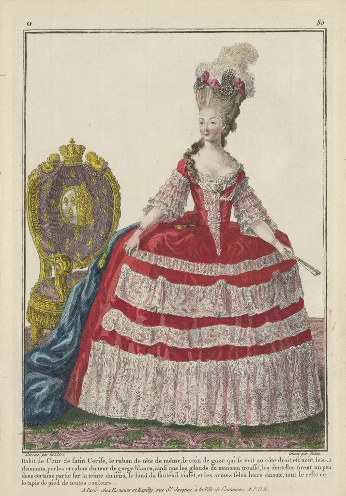 An 18th century fashion plate depicting marie antoinette wearing a red and white dress