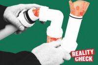 Plumber assembling a pipe with money flowing through it