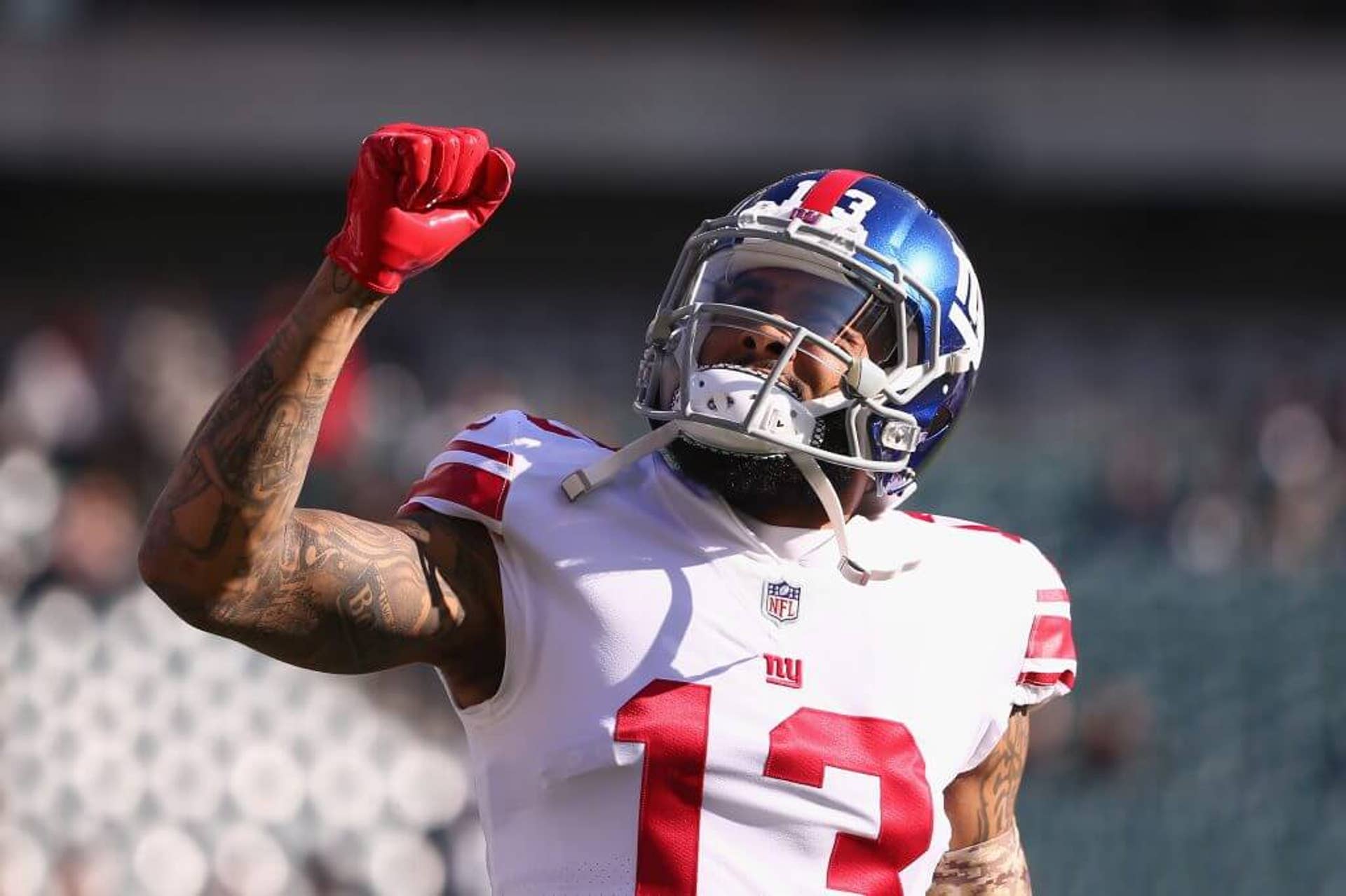 New York Giants wide receiver Odell Beckham (#13) reacts with his fist in the air in a game against the Philadelphia Eagles at Lincoln Financial Field on Nov. 25, 2018.
