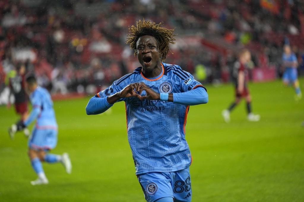 Malachi Jones of New York City FC celebrates after scoring a goal during MLS League match between Toronto FC and New York City FC at BMO Field in Toronto, Canada on May 11, 2024. 
