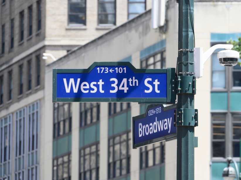 Primark Opens Huge 54,000-Square-Foot Flagship Store in Herald Square, West 34th St and Broadway Street sign, New York City