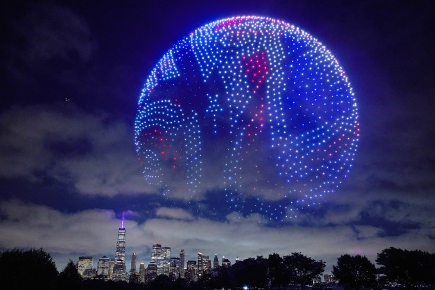 A FIFA Club World Cup Final Ball visual is displayed against the Manhattan skyline by 1500 drones in a FIFA drone show ahead of the Club World Cup Final on July 11, 2025 in Liberty State Park, New Jersey. (Photo by Dan Mullan/Getty Images)