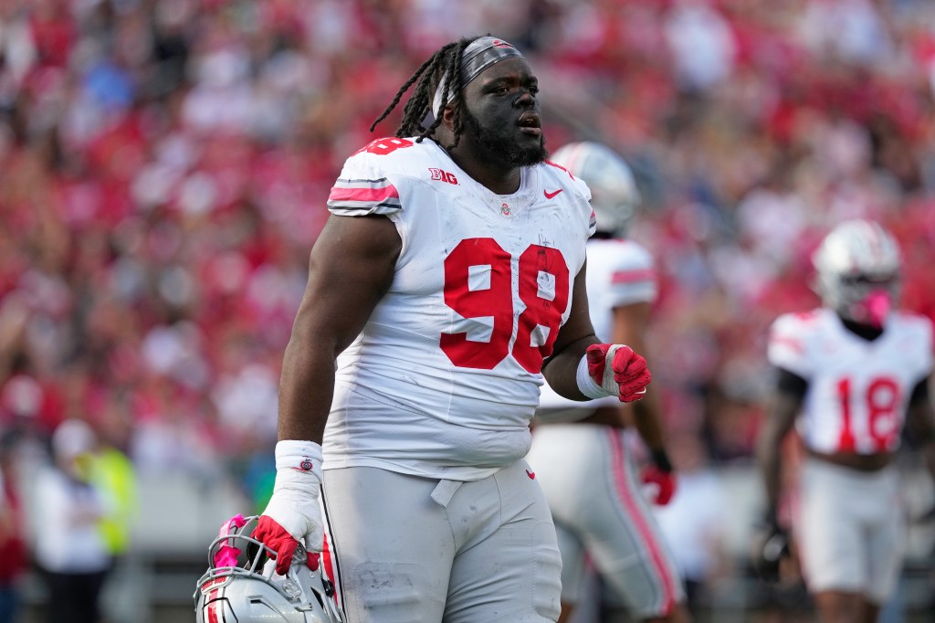 Kayden McDonald #98 of the Ohio State Buckeyes during the game against the Wisconsin Badgers at Camp Randall Stadium on October 18, 2025 in Madison, Wisconsin.