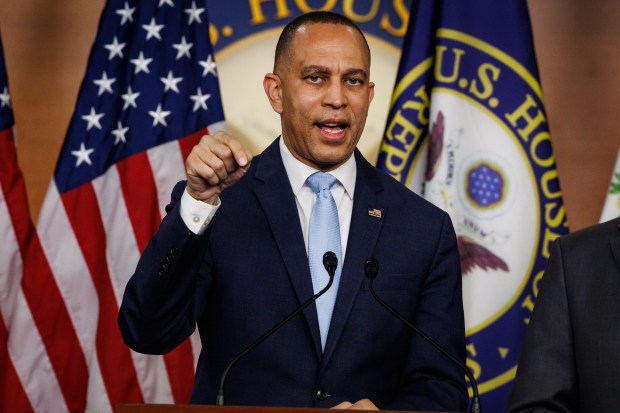 Hakeem Jeffries speaks during a press conference at the Capitol on March 27. (Photo by Samuel Corum/Getty Images)