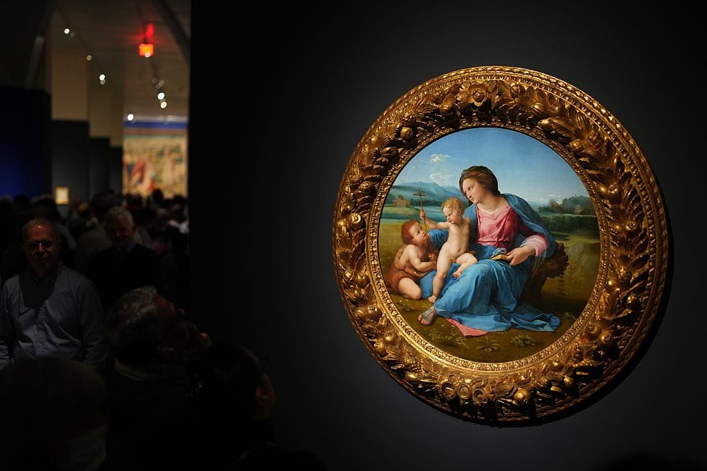 Raphael, The Virgin and Child with Infant Saint John the; Baptist in a Landscape (The Alba Madonna) around 1509-11. Loaned from National Gallery of Art, Washington. On view in 