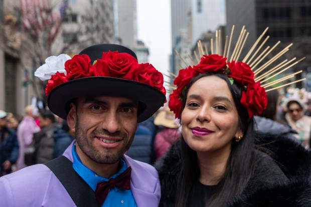 People dress in elaborate hats and costumes during the annual Easter Parade and Bonnet Festival outside of St. Patrick's Cathedral on Fifth Avenue on April 5, 2026 in New York City. (Photo by Spencer Platt/Getty Images)