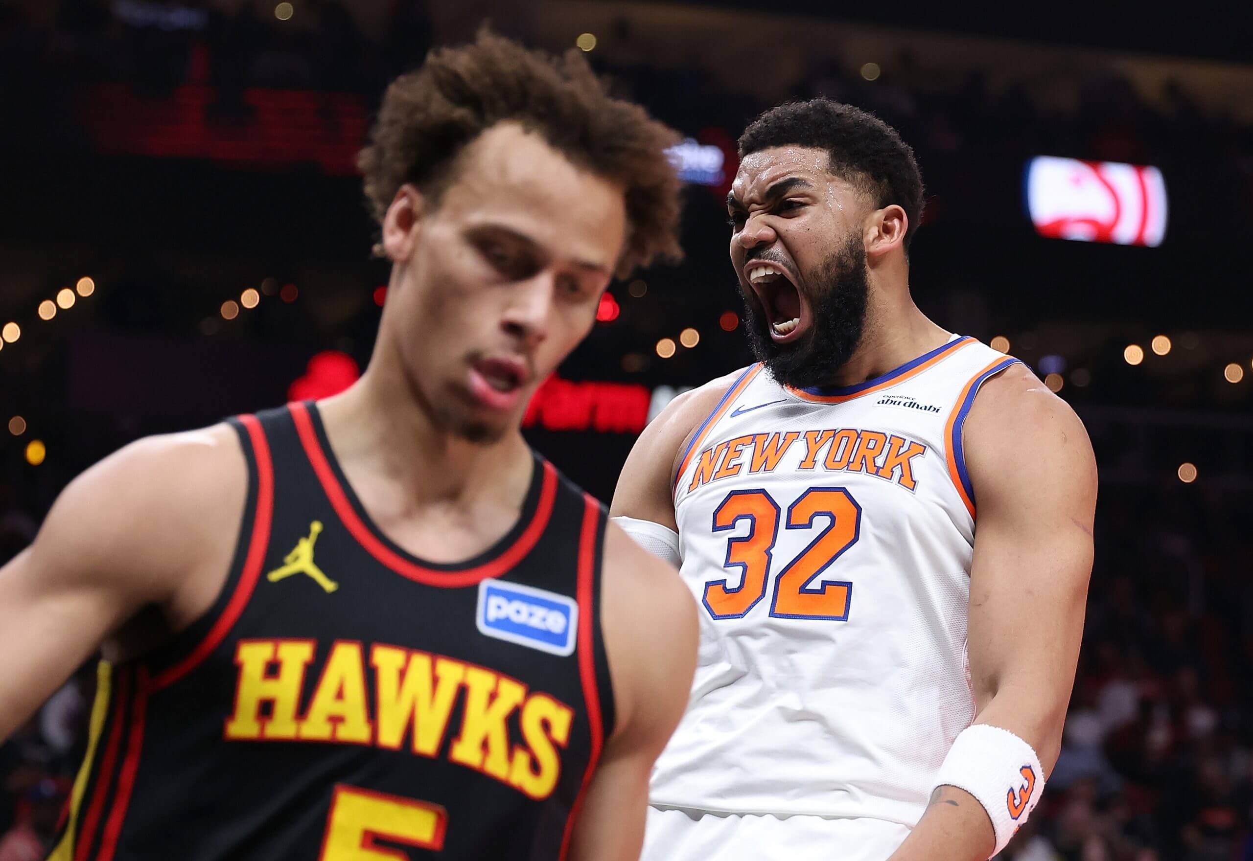 Karl-Anthony Towns reacts against the Hawks.