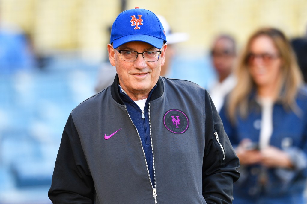 New York Mets owner Steve Cohen looks on during batting practice before the MLB game between the New York Mets and the Los Angeles Dodgers on April 14, 2026 at Dodger Stadium in Los Angeles, CA.
