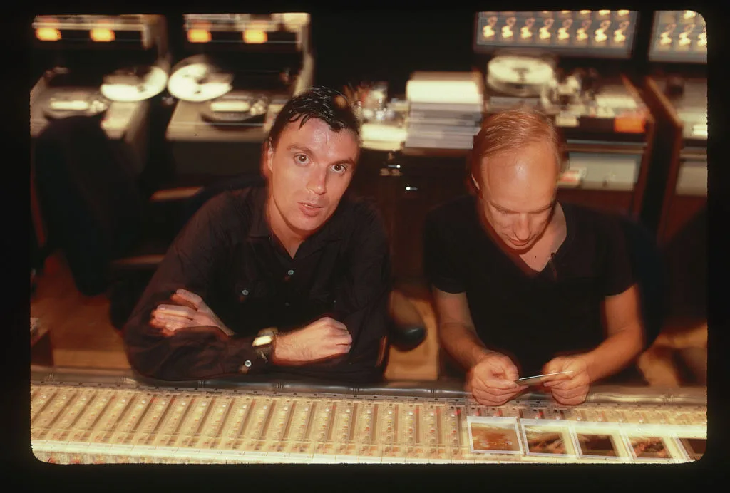 David Byrne, lead singer and guitarist of Talking Heads, works with record producer Brian Eno in a recording studio in Mexico