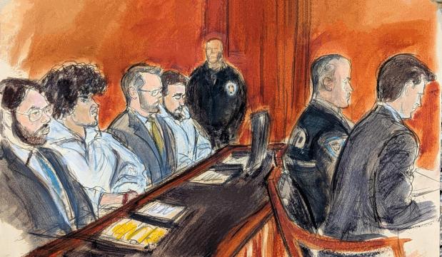 A court sketch of Mehdi Essmidi, Emir Balat, Michael Arthus and Ibrahim Kayumi. 