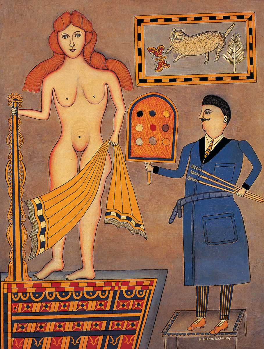 Oil on canvas painting by Morris Hirshfield, (1872–1946), 1945. "The Artist and His Model"