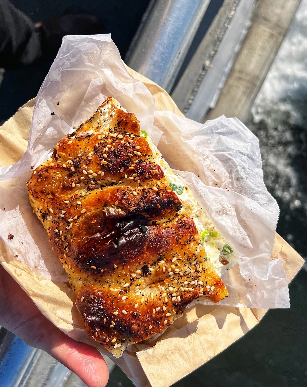 A hand holds a focaccia sandwich speckled with seeds.