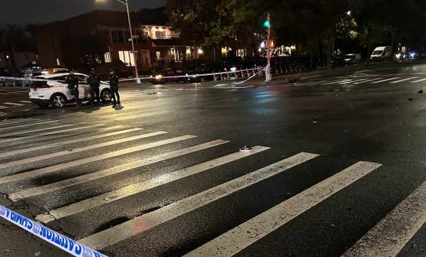 The scene where an 11-year-old boy was struck by a black Acura on Ocean Pkwy. and Avenue V in Brooklyn on October 13, 2025. (Kerry Burke / New York Daily News)