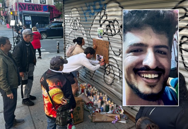 Friends and neighbors visit a memorial for Abdul Saleh (inset) on Sunday outside the East Village deli where he was fatally shot Saturday night. (Julian Roberts-Grmela / New York Daily News)