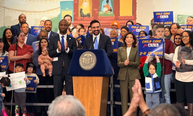 Mayor Zohran Mamdani announces New York City's first five local school districts to receive free "2-K" child care programs at the Sugar Hill Children's Museum in Upper Manhattan on March 3.