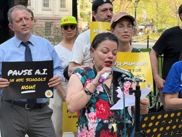 NYC parents and advocates rally against AI in schools on Thursday, April 16, 2026 in City Hall Park. (Cayla Bamberger /New York Daily News)
