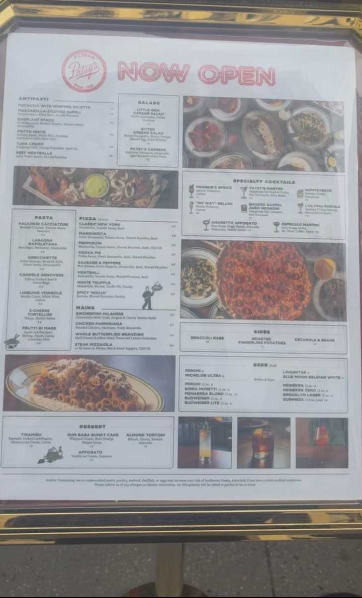 menu at Patsy's Pizzeria
