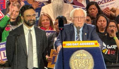 Vermont Sen. Bernie Sanders joined Mayor Zohran Mamdani at a rally in Queens on Sunday, April 12, 2026. (Spectrum News NY1/Usman Chohan)