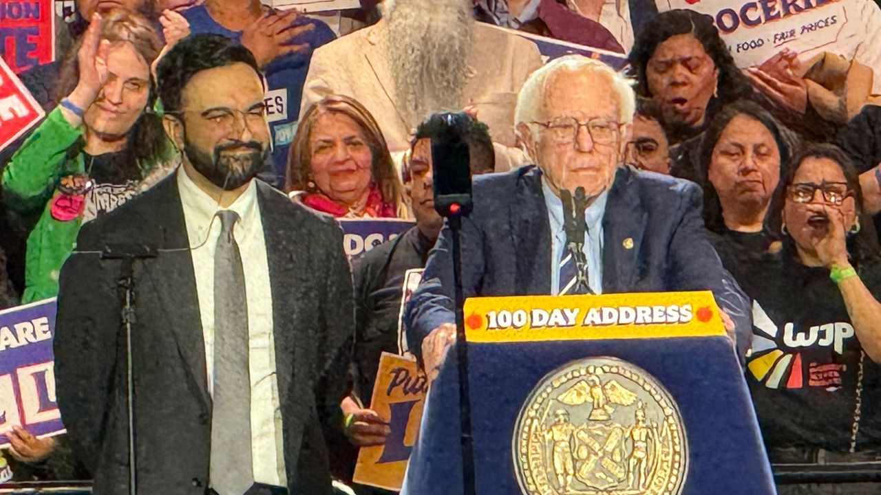 Vermont Sen. Bernie Sanders joined Mayor Zohran Mamdani at a rally in Queens on Sunday, April 12, 2026. (Spectrum News NY1/Usman Chohan)