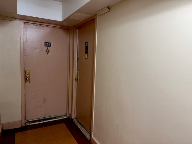Shooting victim Justin Chatfield lived in apartment 23E, at end of the hall on the 23rd floor of 30 Richman Plaza in the Bronx. His accused killer lived in apartment 23D, directly to the right. (Rebecca White / New York Daily News)