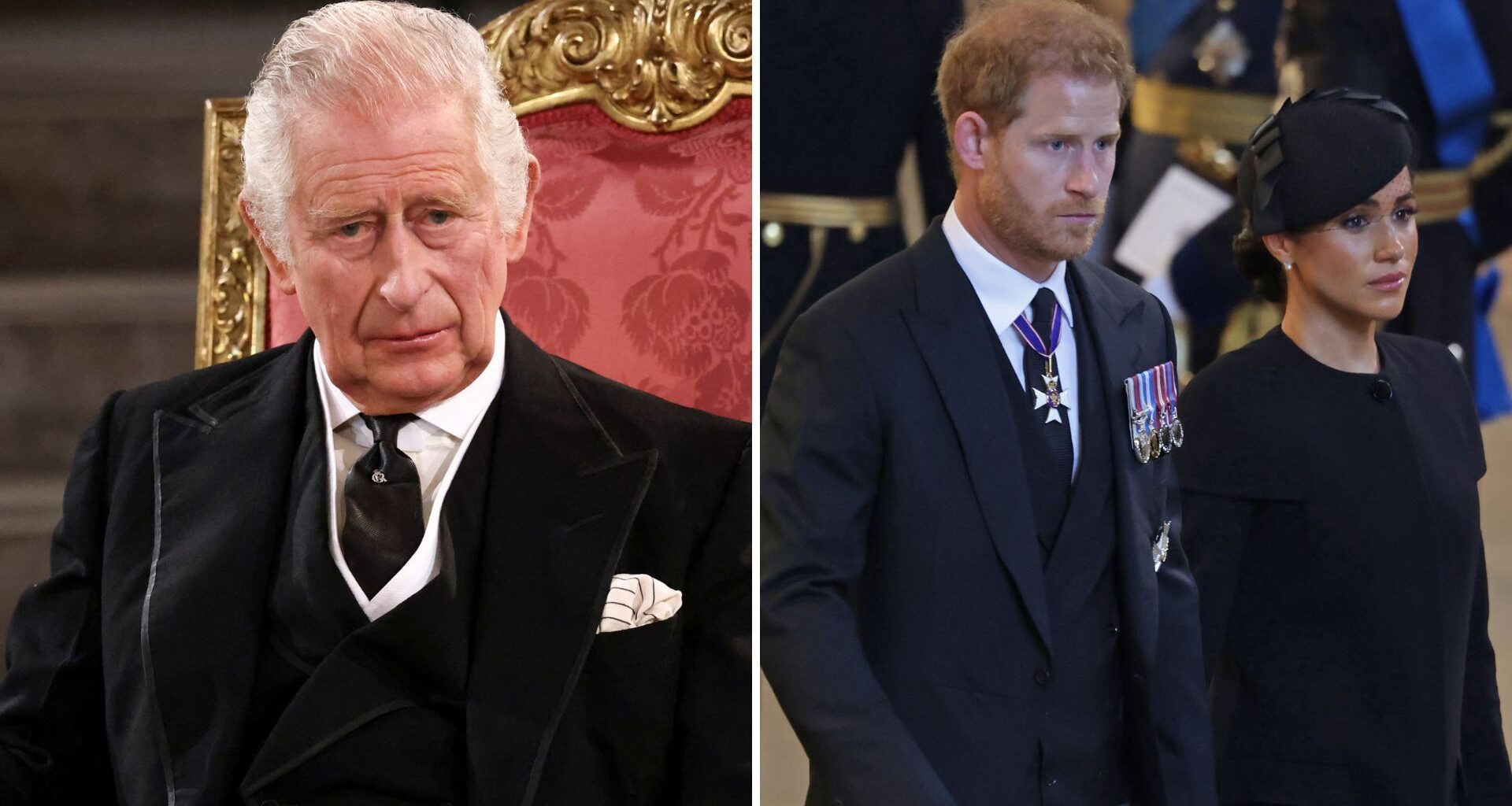 A composite of a picture of King Charles in September 2022 and a picture of Prince Harry and Meghan in September 2022