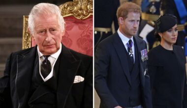 A composite of a picture of King Charles in September 2022 and a picture of Prince Harry and Meghan in September 2022