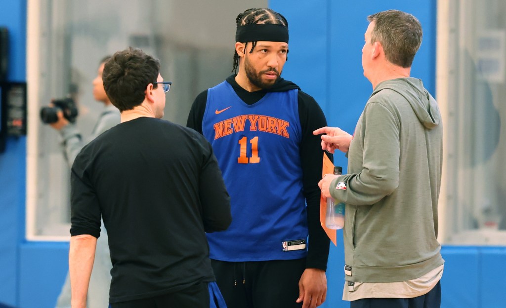 Jalen Brunson participates in practice at the Knicks' training facility on April 15, 2026 in Tarrytown, N.Y.
