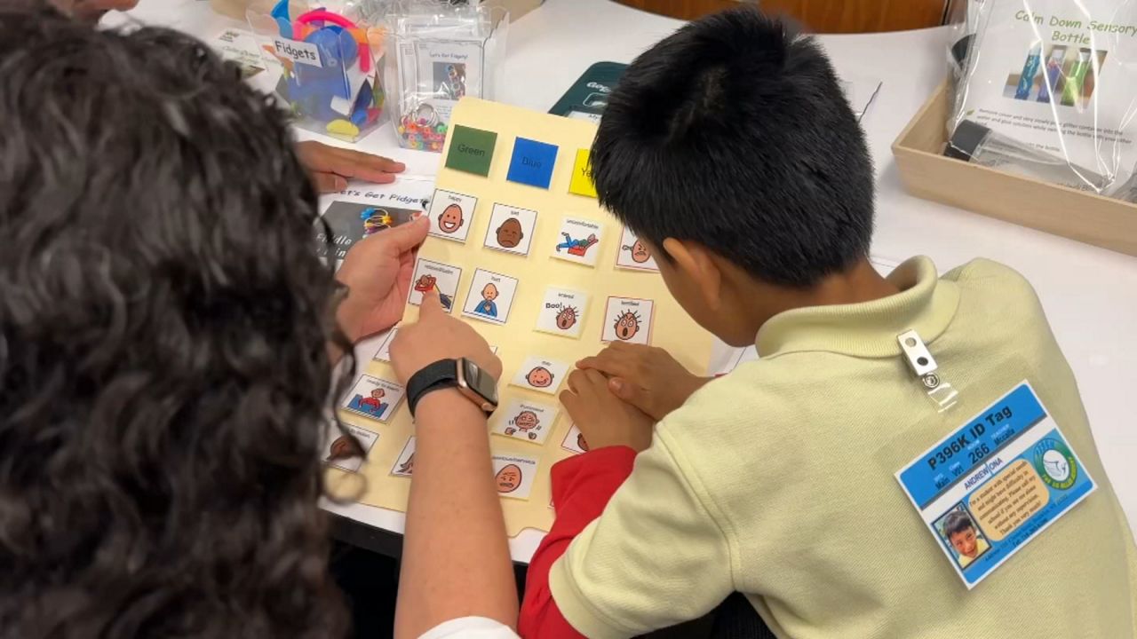 The rooms contain equipment like swings, trampolines and exercise balls to help children feel more regulated in order to learn. (Spectrum News NY1)