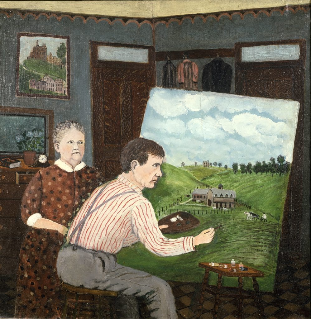  Folk-style painting of man working on landscape canvas indoors, woman standing behind in modest room