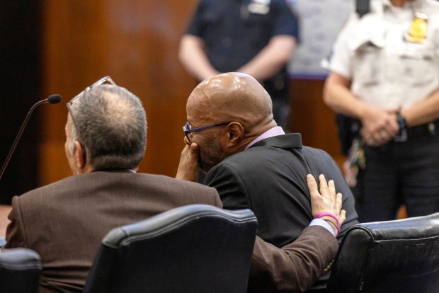 Christopher Ellis, the man accused of taking part in the 1990 stickup robbery where a Hofstra football coach was killed, reacts as he was found not guilty on Friday, Jan. 24, 2024 in Mineola.