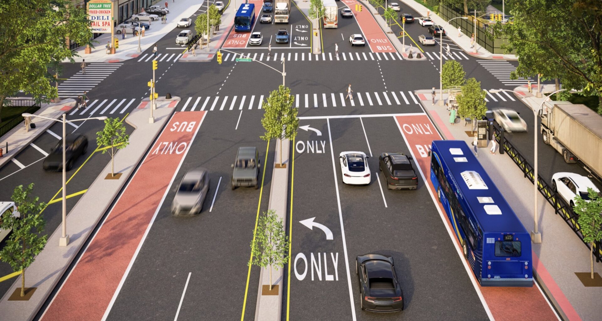 This rendering shows a redesigned Linden Boulevard, at Crescent Street, in East New York. Photo: NYC DOT