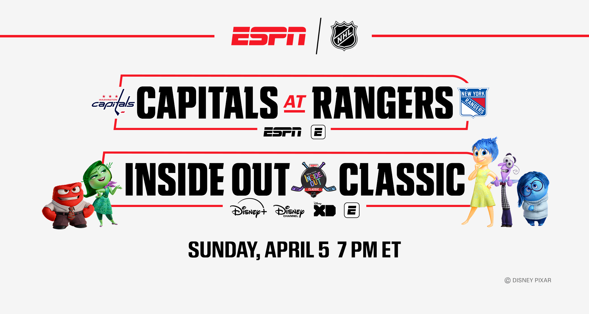 'Inside Out Classic' animated presentation of Washington Capitals-New York Rangers headlines seven exclusive NHL games this week on ABC, ESPN, ESPN+, Disney+ and Hulu