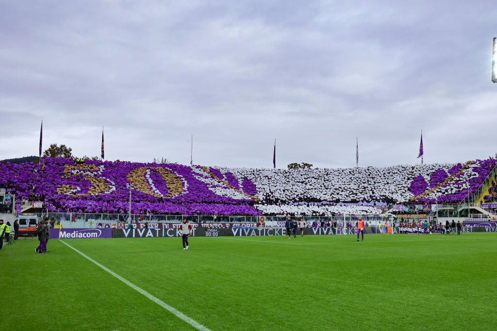 Fiesole curve choreography for the celebration of 50 years of the Ultras movement during the Italian Serie A football match between ACF Fiorentina and Bologna FC ,on November 12 ,2023 at the Artemio-Franchi stadium in Florence
