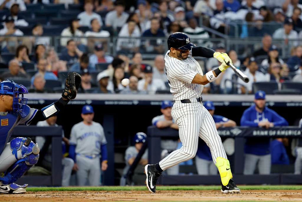New York Yankees shortstop José Caballero strikes out swinging during the second inning.