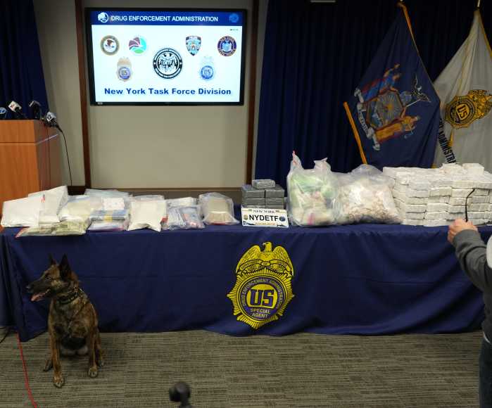 K9 officer "Mulk" appeared to be fully recovered and ready for the cameras after a reaction to fentanyl exposure in the line of duty.