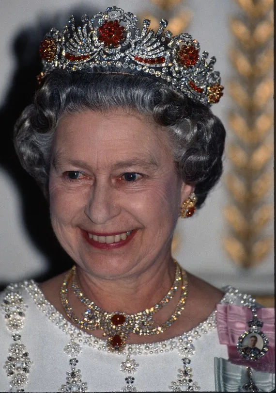 Queen Elizabeth II wearing her Burmese ruby tiara