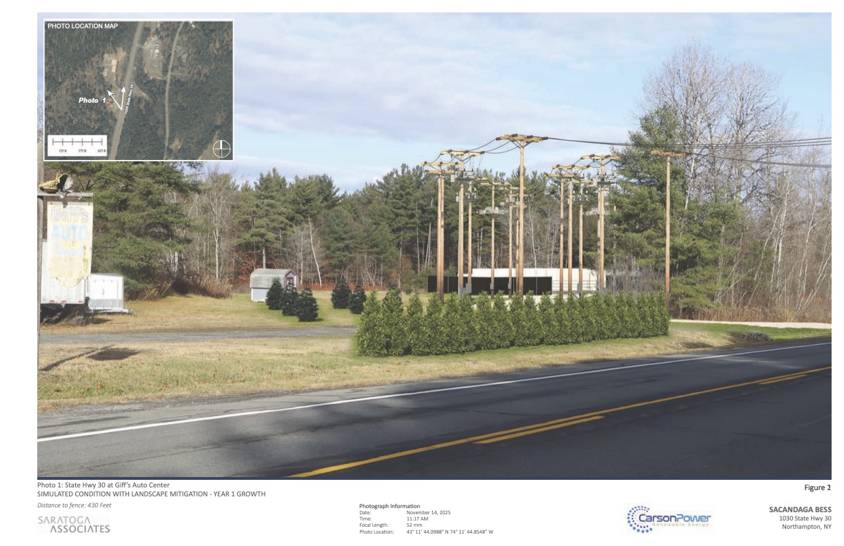 a simulation showing a battery storage facility hidden by shrubs