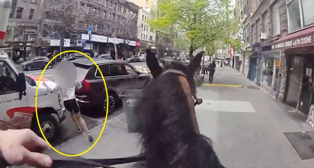 NYPD body cam footage shows a mounted police officer and his horse, Kelly, chase down accused purse snatcher Felicia Field (circled) at W. 72nd St. and Columbus Ave. in Manhattan on Wednesday, April 15, 2026. (NYPD)
