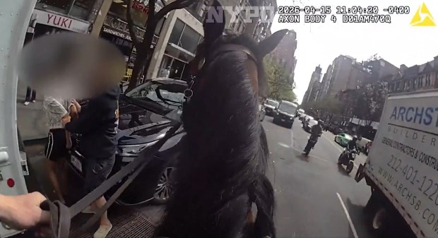 NYPD body cam footage shows a mounted police officer and his horse, Kelly, chase down accused purse snatcher Felicia Field at W. 72nd St. and Columbus Ave. in Manhattan on Wednesday, April 15, 2026. (NYPD)