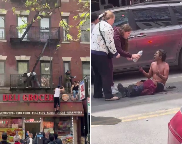 At left, people are pictured on the fire escape of a building during a blaze on E. 187th St. in the Bronx on Tuesday, April 21, 2026. At right, people aid a burn victim who escaped the building. (Courtesy of Jennifer de La Rosa)